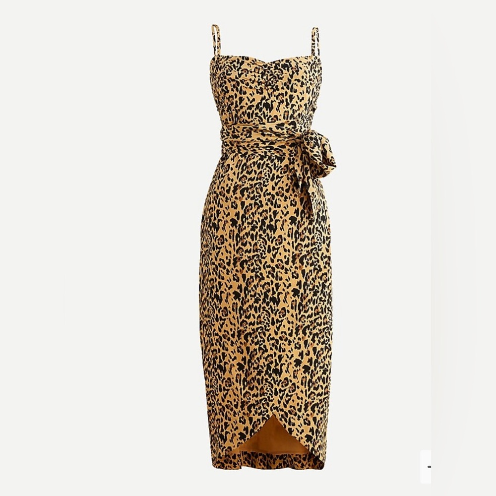 NWT J.Crew Silk Waist-bow Midi Dress in Animal Print 10‎